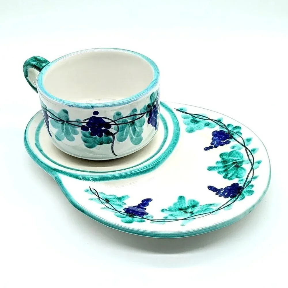 Hand-Painted D'Acunto Vietri Italian Grapevine Ceramic Cup & Snack Plate